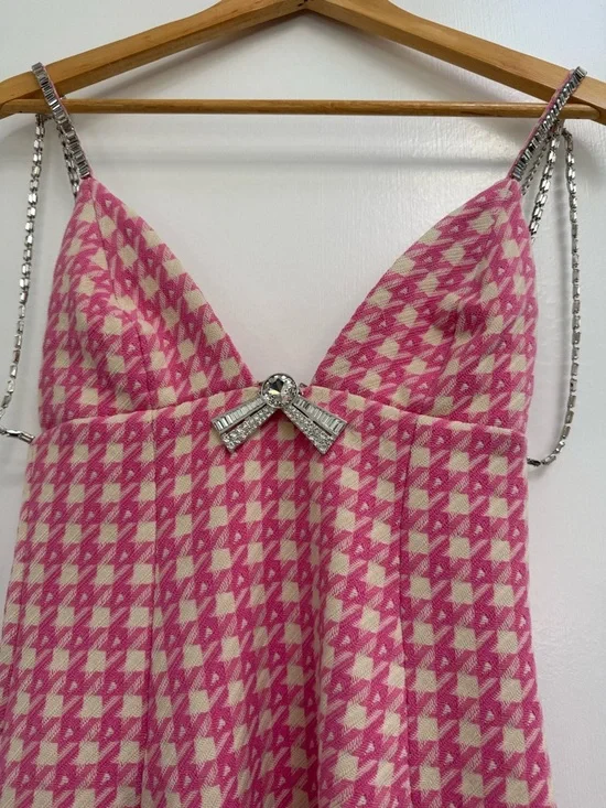 AREA Pink and White Tweed Dress with Silver Chain Detail - Picture 7 of 10